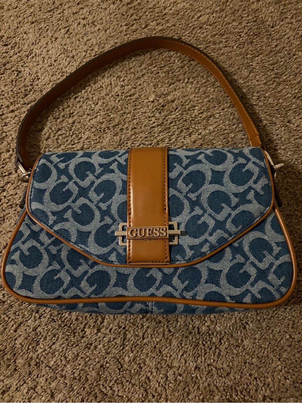GUESS Blue Jacquard Shoulder Bag with Tan Trim
